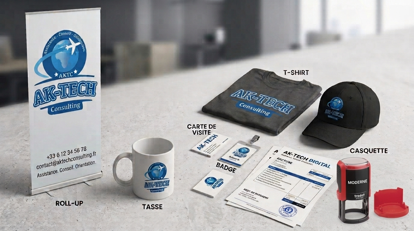 Supports de communication AK-TECH Consulting : roll-up, t-shirt, casquette, carte de visite, badge, tasse et documents
