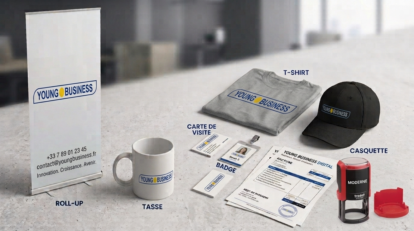 Supports de communication Young Business : roll-up, t-shirt, casquette, carte de visite, badge, tasse et documents